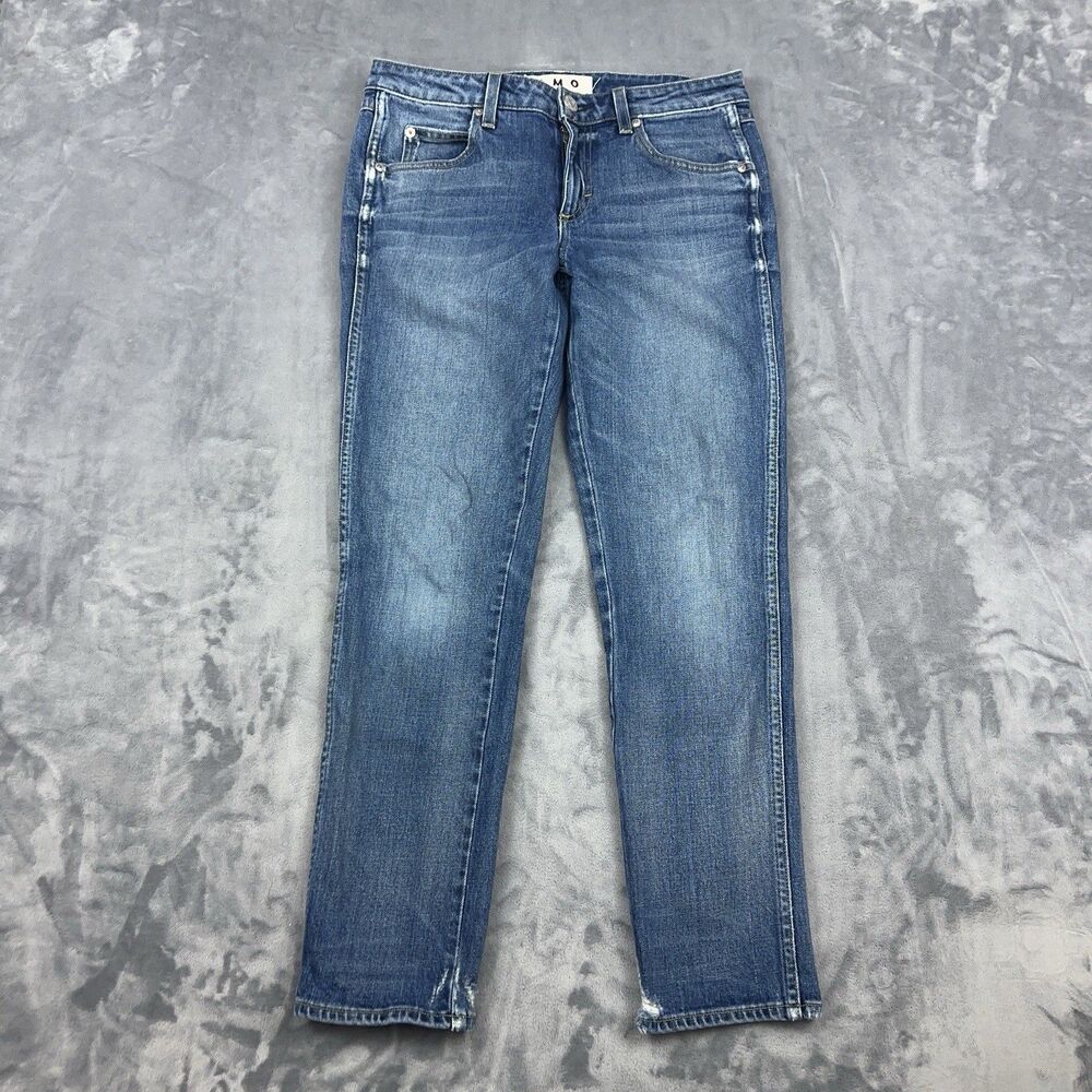 AMO Kate Girl Crush Slim Straight Cropped Jeans Womens Sz 27 Blue Distressed